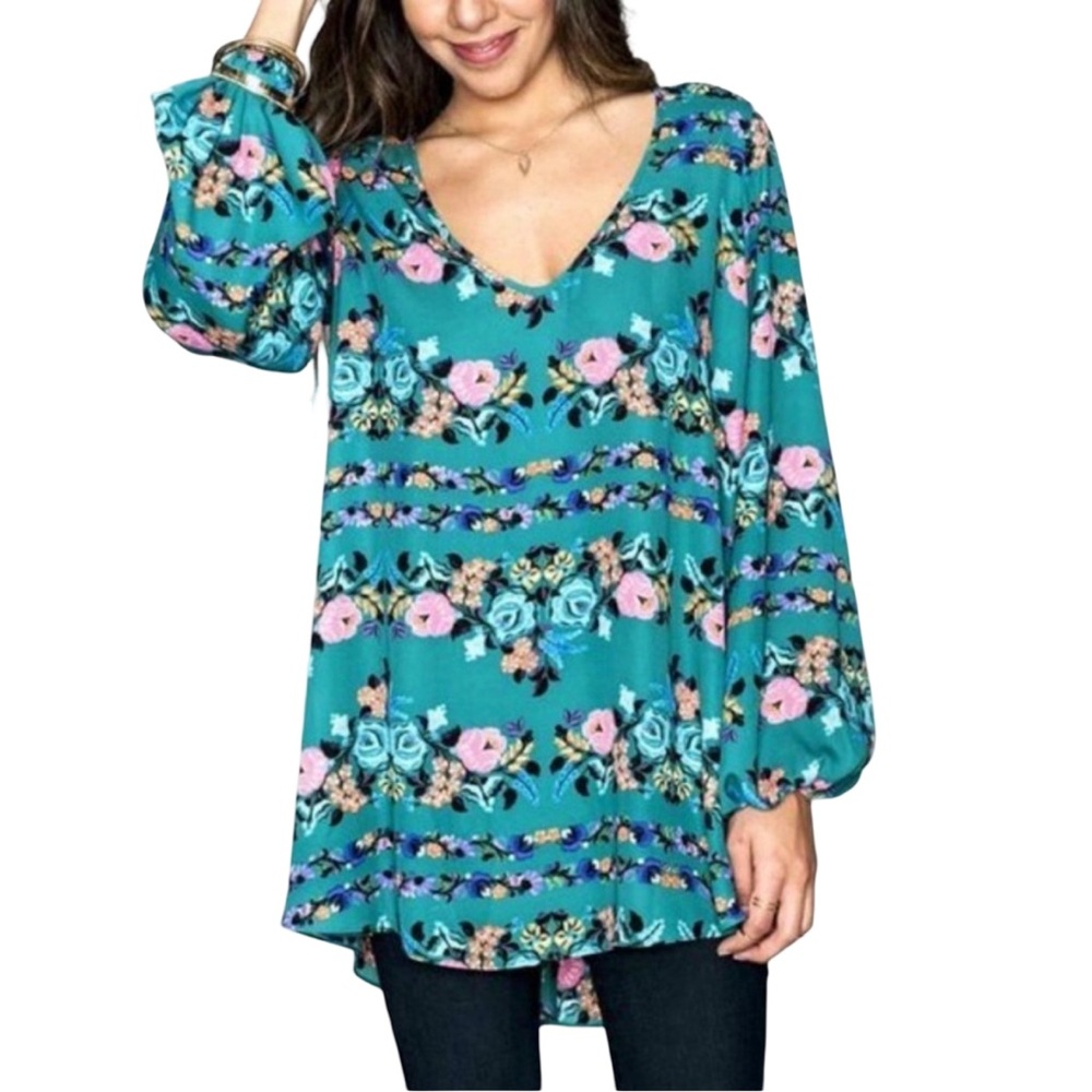 Show Me Your MuMu Teal Floral "Baby Buds" Donna Michelle Tunic Dress/Top